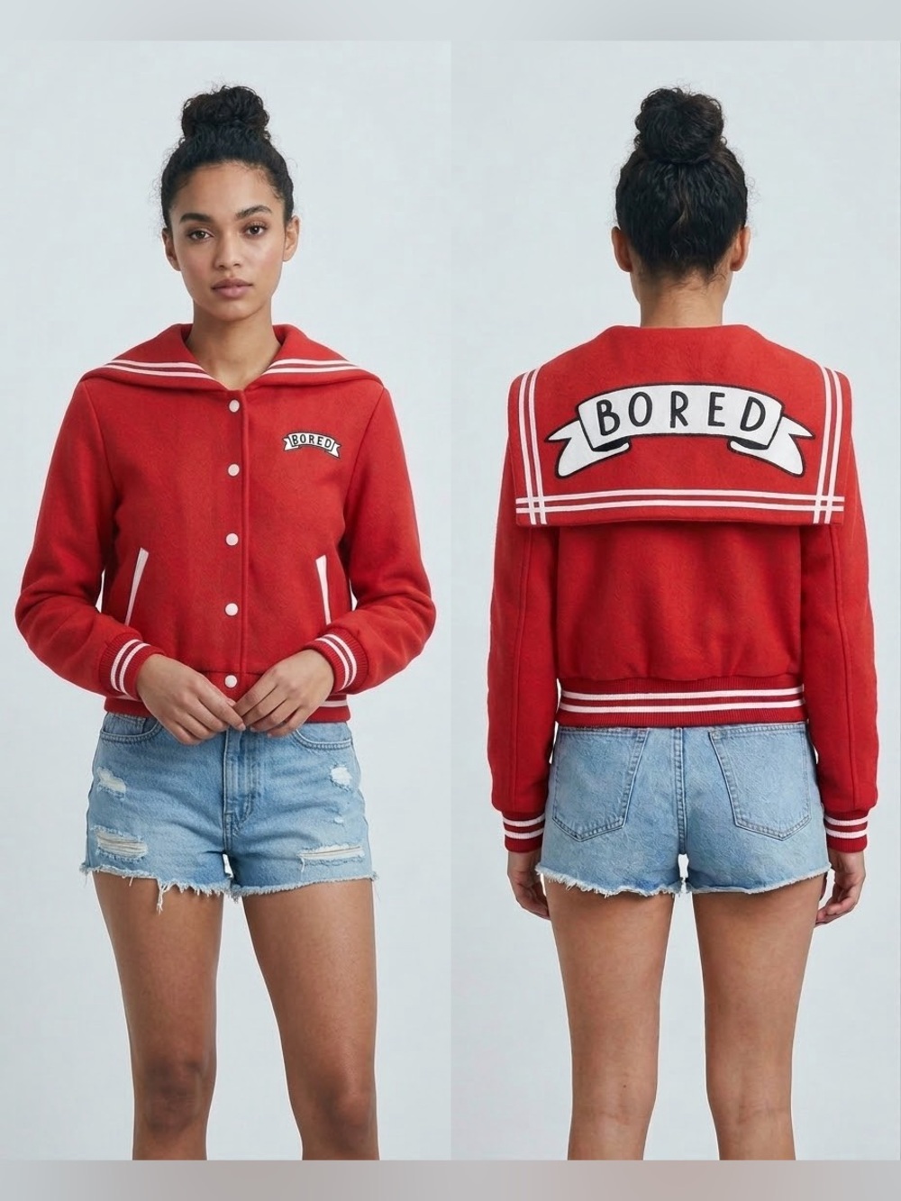 NWT Lazy Oaf I’m so Bored Varsity Nautical Cropped Jacket Coat size Small HTF